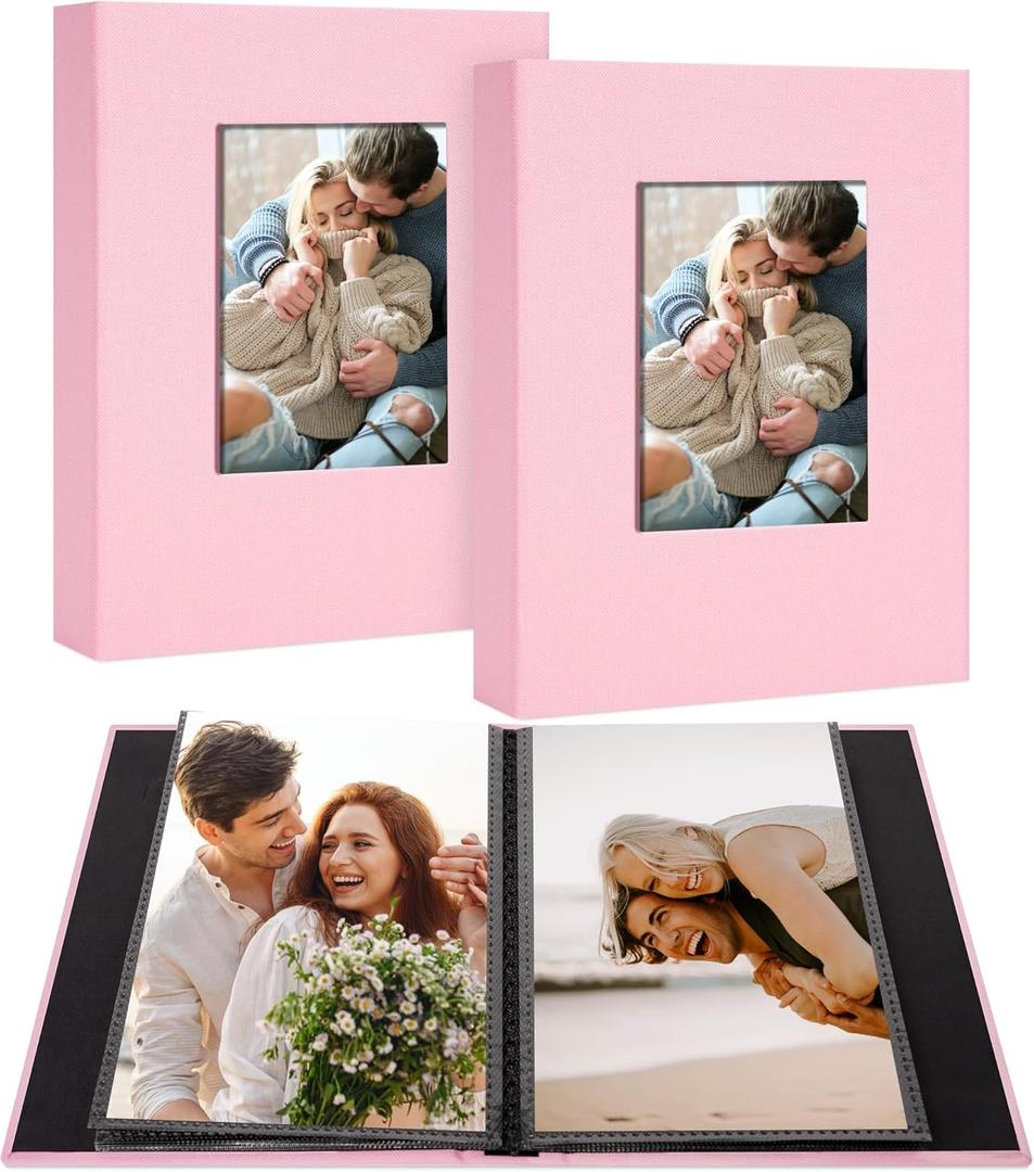 2 Pack Photo Album Holds 24 Pockets with Linen Cover and Customizable Window, Fits 4x6 Photos, Archival Black Pages, Pink
