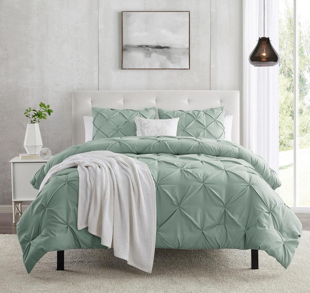 Sage Green Duvet Cover Queen Size - Pintuck Queen Duvet Cover Set, 3 Piece Double Brushed Duvet Covers with Button Closure, 1 Pinch Pleated Duvet Cover 90x90 inches and 2 Pillow Shams Luxury Bedding