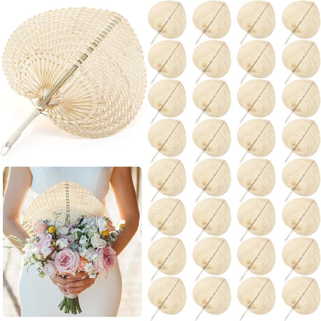 BBTO 32 Pieces Woven Bamboo Fans Handmade Hand Weaving Handheld Natural Raffia Hand Fans Bulk for Indoor Outdoor Summer Cooling Supplies Farmhouse Wall Decor Wedding Party Favors