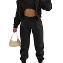 Akmipoem Women's 3 Piece Outfits Sweatsuit Tracksuit Matching Sets Full Zip Hoodie Sweatshirt Cropped Tank Tops Jogger Pants Black S