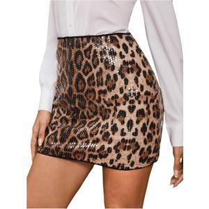 Verdusa Women's Leopard Print Sequin Mini Skirt Rave Party High Waist Bodycon Skirts, (Medium, Brown)