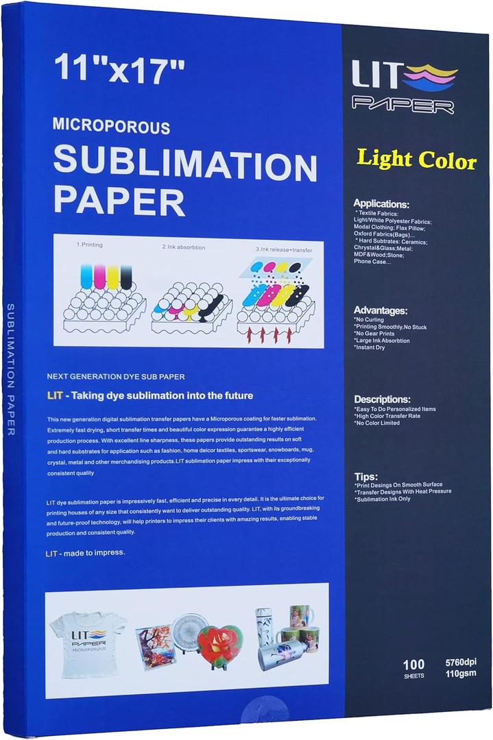 LIT Sublimation Paper 100sheets 11x17" 110gsm - Heat Press Transfer Paper For Any Epson Sawgrass Ricoh HP Inkjet Printers With Sublimation Ink For Unique Crafts Holiday Gifts Mugs Tumblers T-shirts