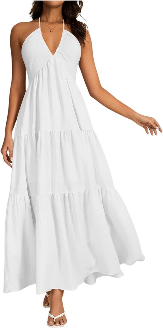 OYOANGLE Women's V Neck Tie Backless Halter Dress Ruched Flowy Wedding Vacation Maxi Dresses (White), Small