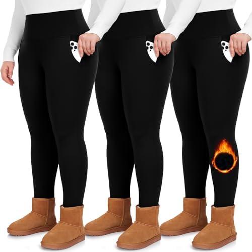 GROTEEN 3 Pack Plus Size Fleece Lined Leggings with Pockets for Women-High Waist Thermal Workout Winter Warm Yoga Pants XXXL