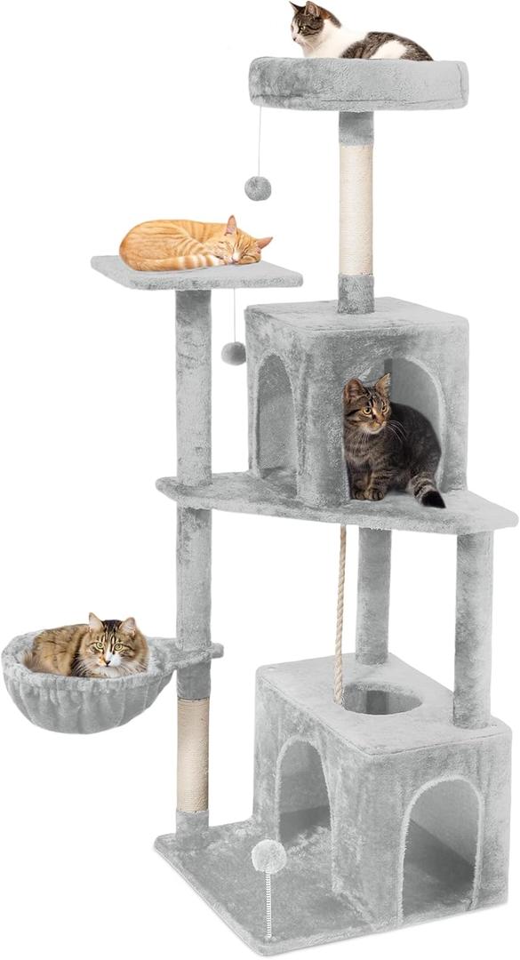 54 Inch Multi-Level Cat Tree Tower with Hammock, Condos & Scratching Posts, Large Cat Furniture for Indoor Cats with Pompoms, Light Grey