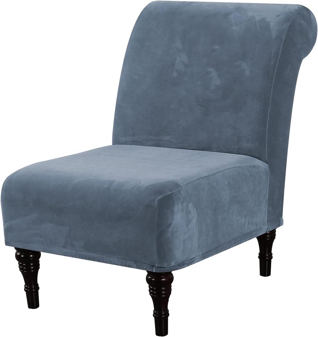 H.VERSAILTEX Armless Accent Chair Covers Thick Velvet Armless Chair Slipcovers High Stretch Chair Covers for Living Room Hotel Machine Washable Furniture Protector with Elastic Bottom, Stone Blue