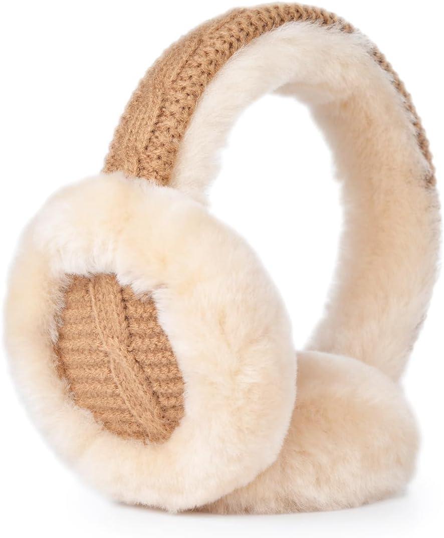 Harssidanzar Women's Winter Sheepskin Earmuffs - Foldable Outdoor Earwarmer HL303US (Camel)