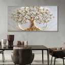 Tree of Life Canvas Wall Art Gold White Flowers Wall Decor Picture Natural Landscape Poster Print Artwork For Living Room Bedroom Office Paintings Decoration Prepare to hang 48x24in