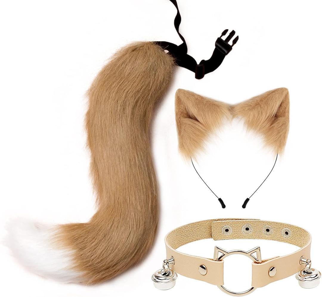 Cat Ears and Wolf Fox Animal Tail Cosplay Costume Faux Fur Hair Clip Headdress Halloween Leather Neck Chocker Set (3-tbai)