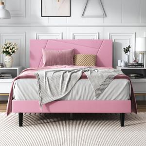 Full Size Bed Frame Platform with Velvet Upholstered Headboard, Geometric, Sturdy Frame and Wooden Slats, Noiseless, No Box Spring Required, Easy to Assemble, Pink