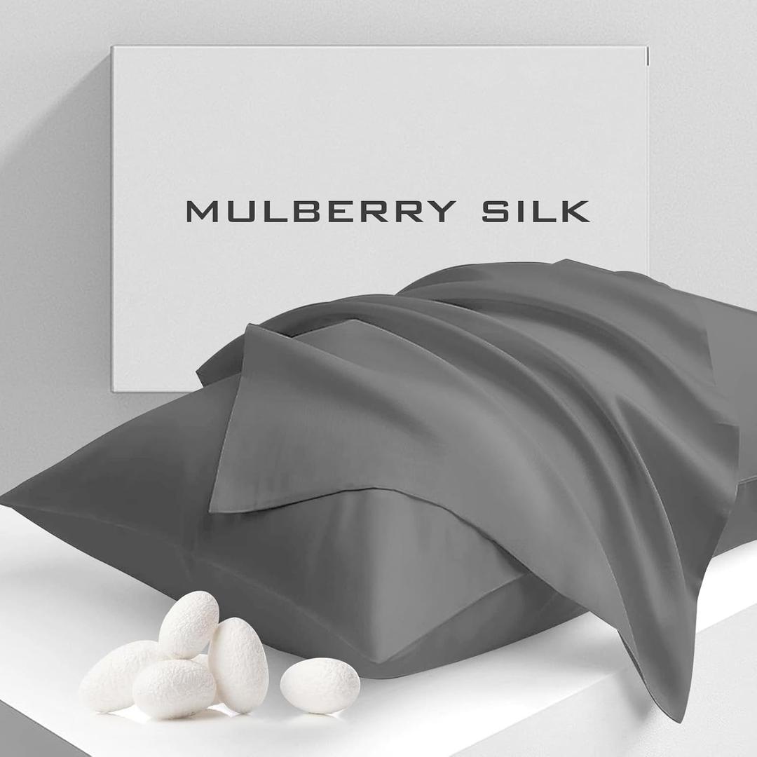 Cobnom Pure Mulberry Silk Pillowcases Set of 2, King Size with Zipper - Grade-6A 19 Momme, 600 Thread Count Soft Smooth Cooling, Hair and Skin Friendly (Gray, 20x36 Inch)