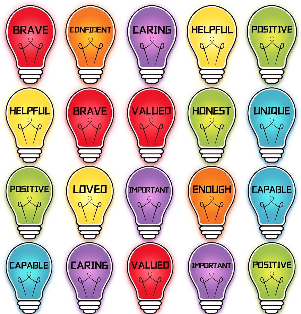 AmazingSpark 36 Pcs Light Bulb Affirmation Bulletin Board Cutouts Set Motivational Positive Colorful Sayings Lightbulb Accents Cutouts for Classroom School Home School Teacher Wall Supply, 6.69 x 6.69 inches