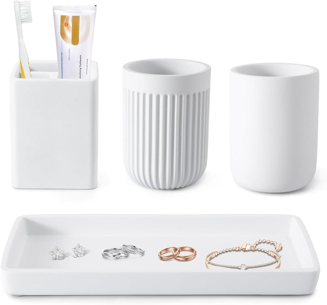 Resin Bathroom Toothbrush Cups Set with Holder and Tray, 4 Pcs Matte White Bathroom Accessories Set Counter Organizer for Sink Home Decor Resin Bathroom Toothbrush Cups Set with Holder and Tray, 4 Pcs Matte White Bathroom Accessories Set Counter Organizer for Sink Home Decor