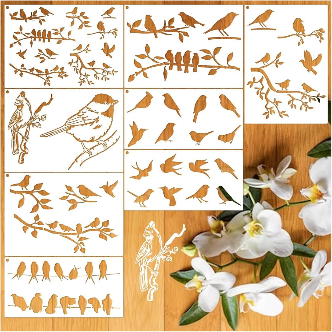 Birds Stencils for Painting Branch Bird Stencil Vine Template Paint Stencils for Painting on Wood Burning Art Craft Canvas Furniture Wall (8 Birds)