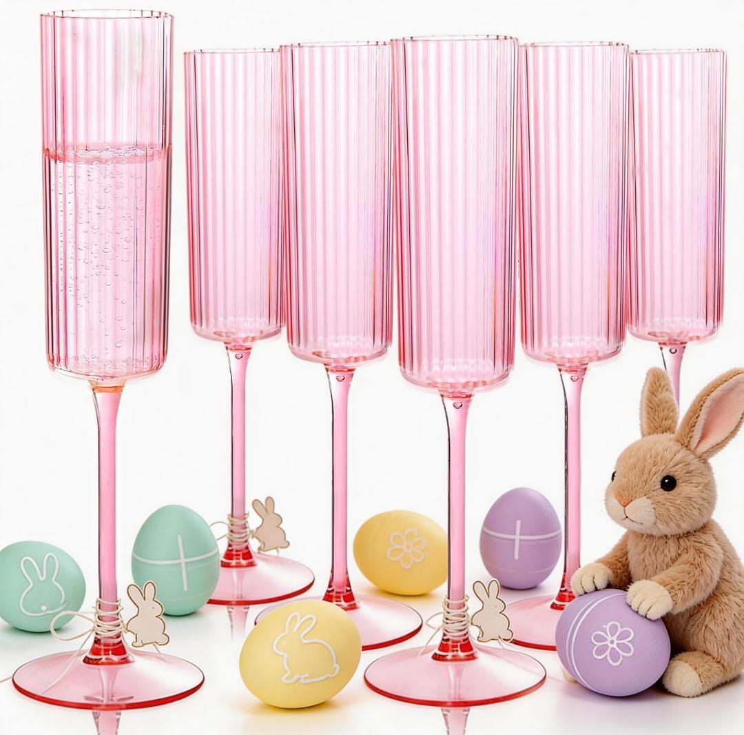 36 Pack Pink Plastic Champagne Flutes - 6oz Ribbed Disposable Champagne Glasses - Clear Pink Vintage Mimosa Glasses Easter with Long Stem Elegant & Lightweight for Wedding Party