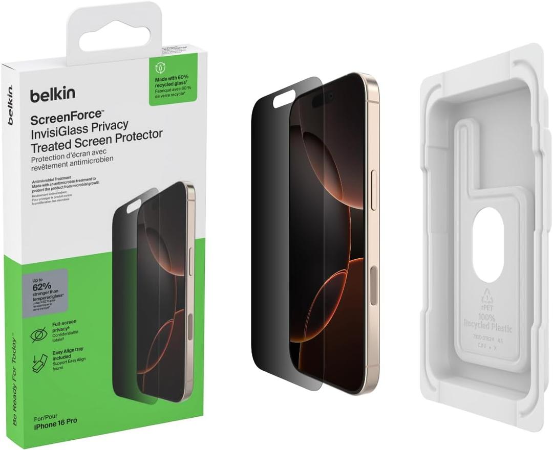 Belkin ScreenForce InvisiGlass Privacy Screen Protector for iPhone 16 Pro, Scratch-Resistant Impact Protection w/Included Easy Align Tray for Bubble Free Application - Made with Recycled Glass