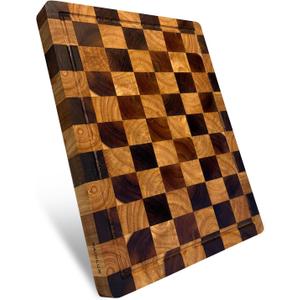 Acacia Wood Cutting Boards for Kitchen, Checkered Chopping Board with Juice Grooves & Handles, Large Butcher Block Serving Tray with NonSlip Feet, 14" 11" 1.5"