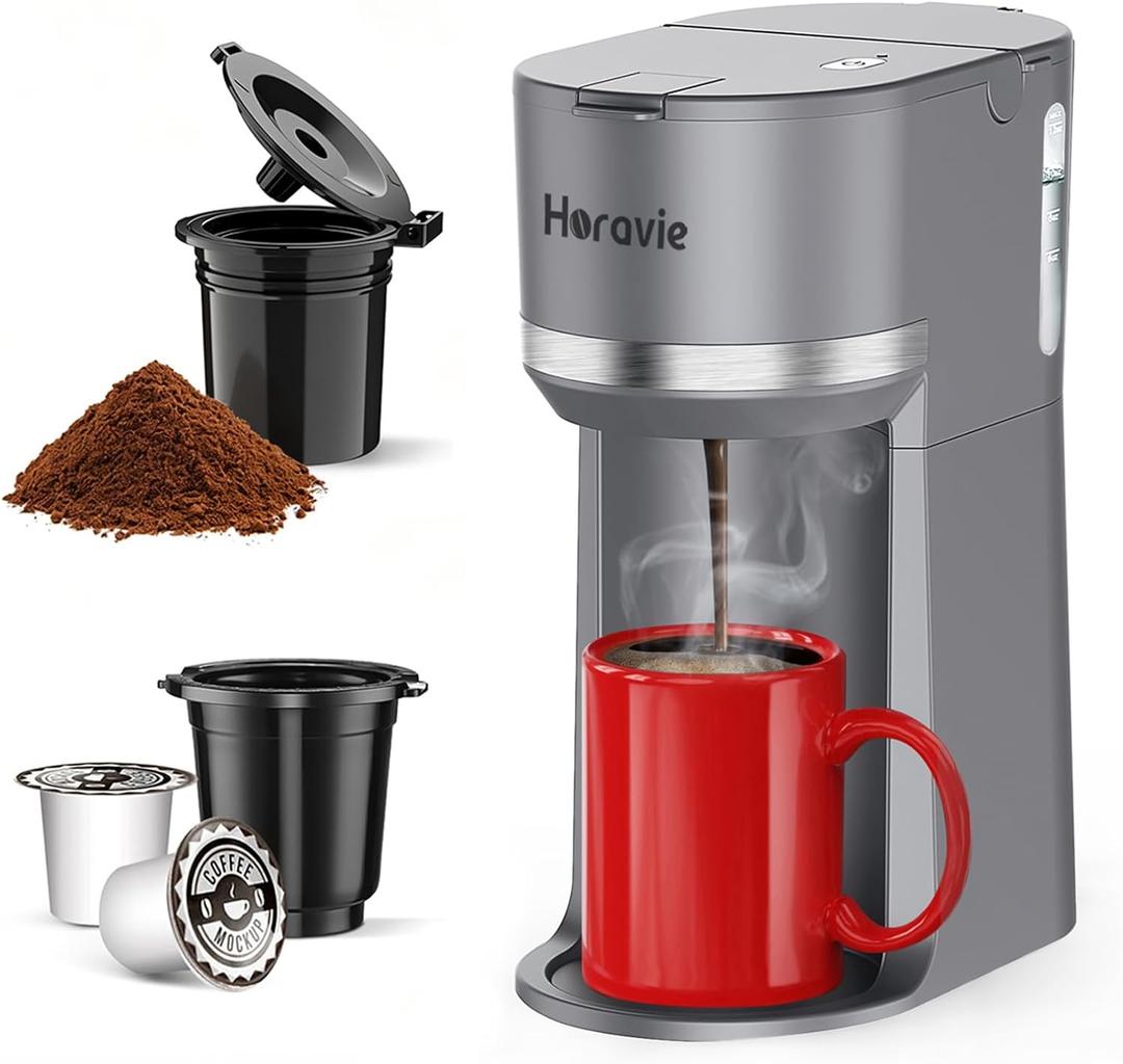Horavie Mini Single Serve Coffee Maker for K Cup Pods and Grounds, Fast Brew One Cup Coffee Machine with Descaling Reminder and Water Window, 6 to 12 oz. Brew Sizes, Gray