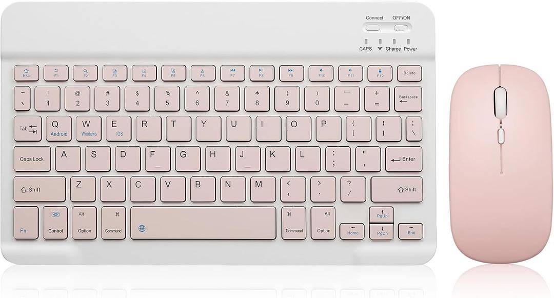 Bluetooth Keyboard and Mouse Combo Rechargeable Portable Wireless Keyboard Mouse Set for Apple iPad iPhone iOS 13 and Above Samsung Tablet Phone Smartphone Android Windows (10 inch Pink)