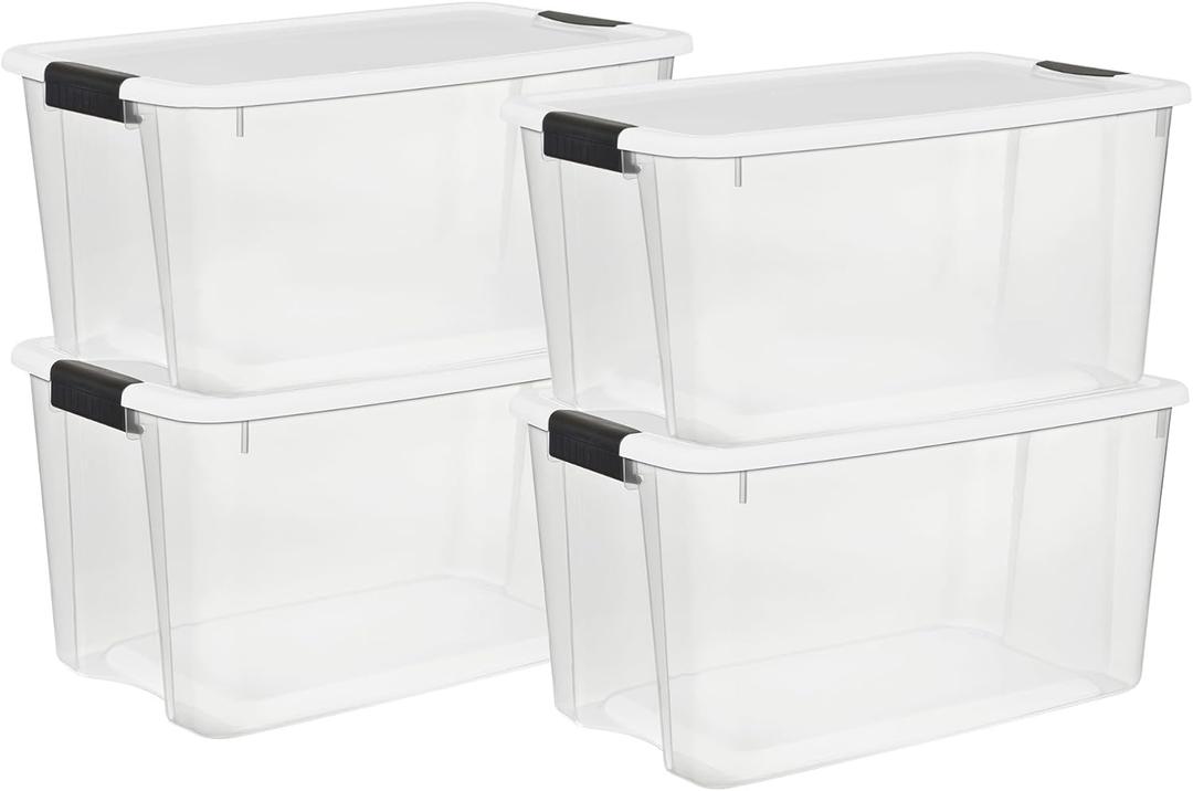 Sterilite 4 Pack Ultra Latching Box, Storage Bins with Lids, Clear Plastic, 70 Quart - Heavy-Duty Organizing Containers for Closet, Bathroom, and Office