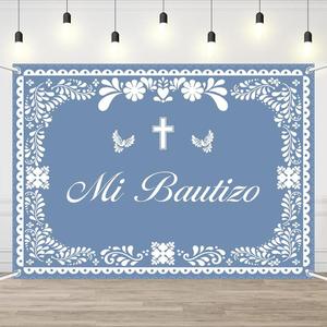 AIBIIN Mi Bautizo Banner Backdrop for Boys Blue Mexican Baptism Party Decorations God Bless First Holy Communion Photography Background Mexican Cielito Lindo Banner Photo Supplies 7x5ft