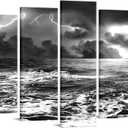 sechars X-Large Multi Piece Canvas Wall Art Black and White Ocean Lightning Storm Picture Painting Nature Wave Seascape Photo Giclee Print for Home Living Room Office Decoration W-70 x H-32