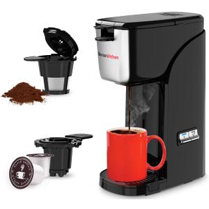 Bonsenkitchen 2-in-1 Single Serve Coffee Maker for K Cup & Ground Coffee, Fast Brewing (6-14oz)  Compact One Cup Coffee Machine with Travel Mug Compatibility, Ideal for Home, Office, Dorm