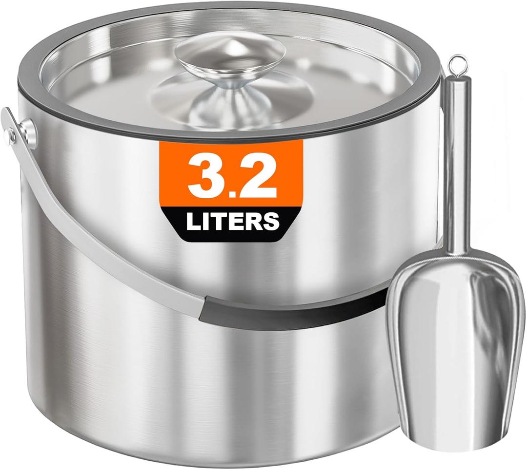 3.2L/3.4QT Insulated Ice Bucket with Silicone Lid, Tongs & Strainer, Double Wall Stainless Steel Ice Bucket for Parties and Cocktail Bar, Upgraded Silicone Cover Keep Ice Frozen Longer (Silver)
