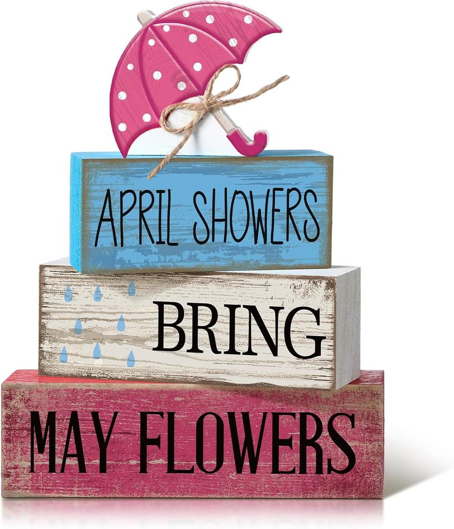 4 Pcs Spring Decorations for Home Wooden Umbrella Tiered Tray Decorations Spring Centerpieces for Tables Farmhouse Decorative Umbrella Faux Stack Block Sign for Home Shelf Decor