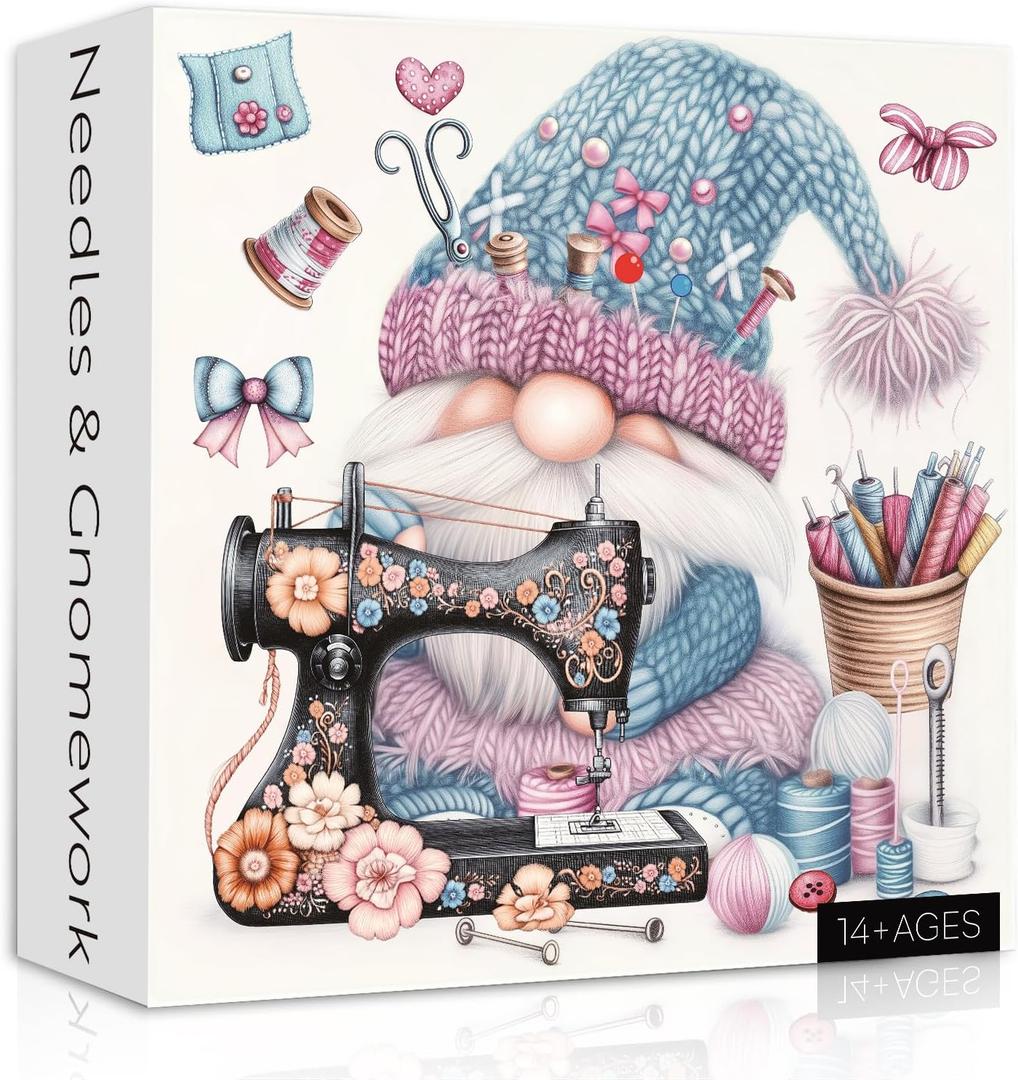 Cute Blue Gnome Puzzles for Adults 1000 Pieces, Vintage Flower Sewing Machine Jigsaw Puzzles, Funny Challenging Puzzle as Spring Art