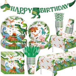 Srua Don Dinosaur Birthday Party Supplies Boy - Dino Dinosaur Birthday Decorations Tableware, Paper Plate, Cup, Napkin, Tablecloth, Disposable Cutlery, Banner, Serves 24