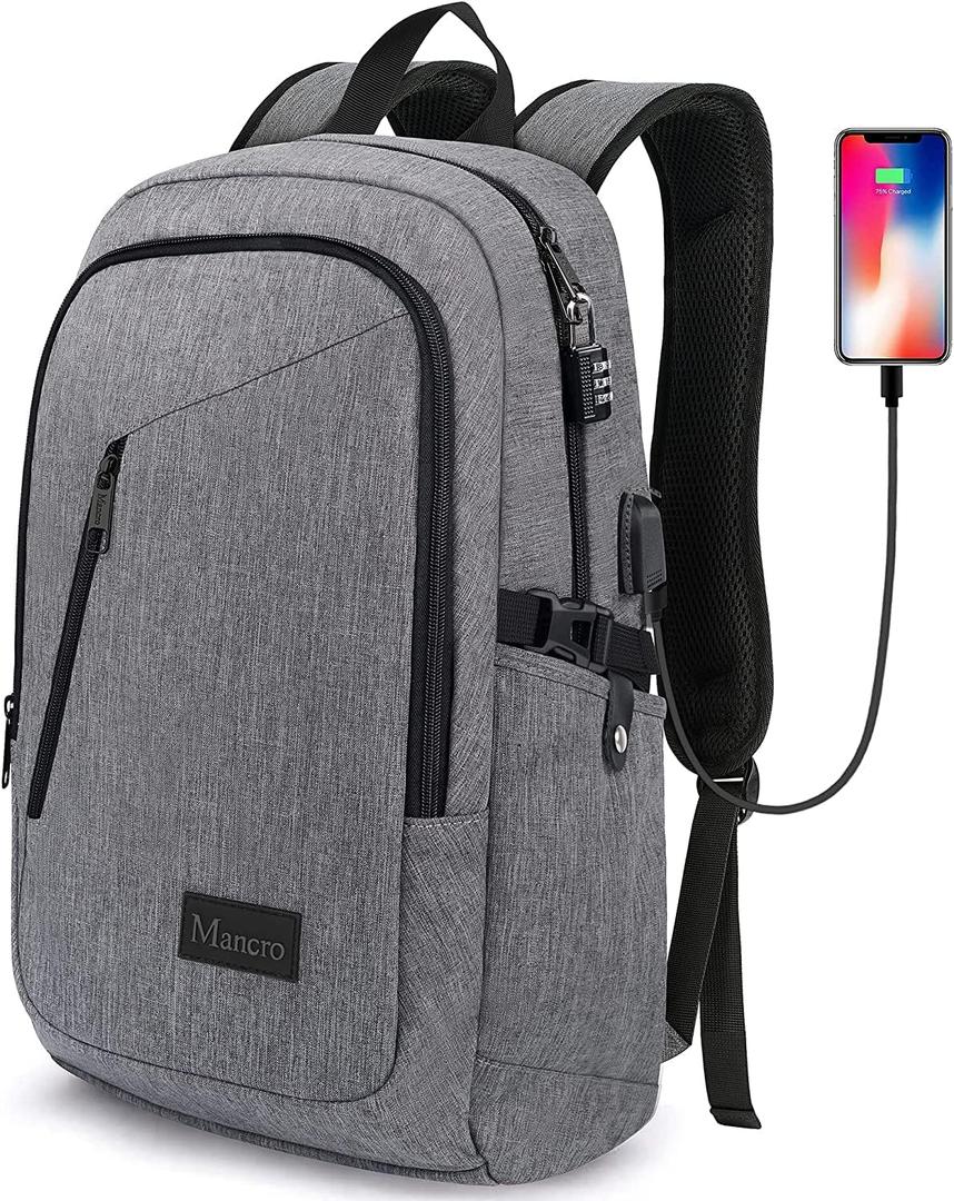 Mancro Laptop Backpack for Travel, Anti-theft Laptop Backpack for Men Business Backpack Work Daypack with USB Charging Port & Lock, Water Resistant Travel Computer Bag Daypack, Grey (15.6 inch, Grey)