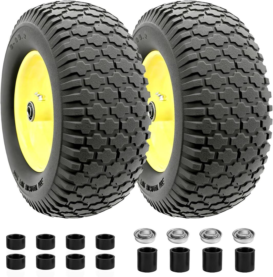 16 Inch 4.80/4.00-8 Flat Free Wheelbarrow Tire and Wheel, 16" Solid Puncture Proof Replacement with 5/8" & 3/4" Bearings, 3"-7 Hub for Garden Cart Wagon Trolley Farm Construction (2 Pack)
