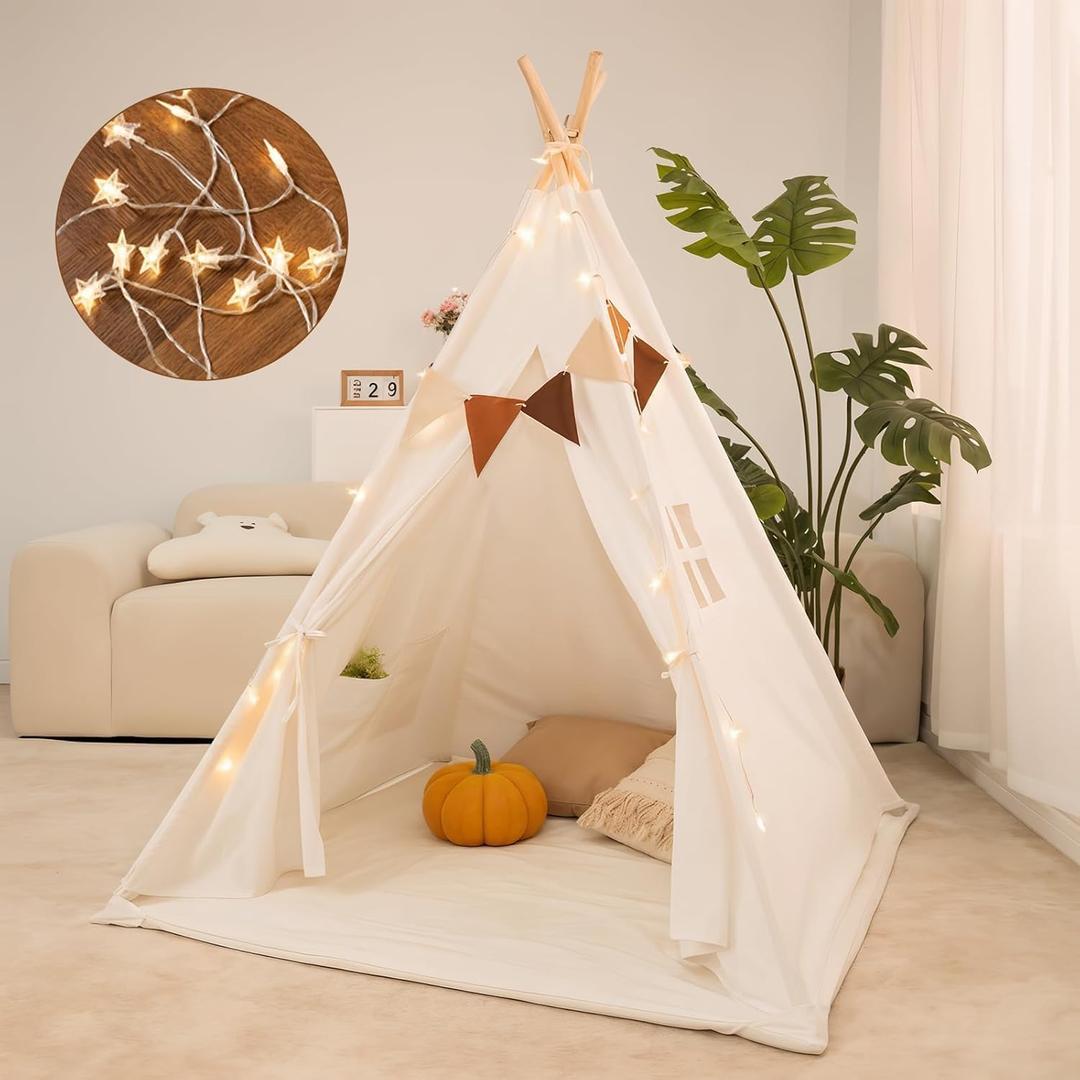 Kids Play Tent Set Portable Teepee Tent for Toddlers with Mat & Star Lights, Washable and Foldable Indoor Play House for Baby Aging 1-3 as Reading Nook & Room Decor