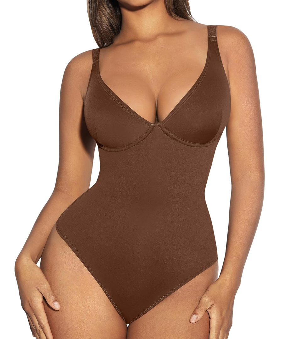 FeelinGirl Shapewear Bodysuits for Women Tummy Control Body Suits Deep V Neck Thong Body Shaper M