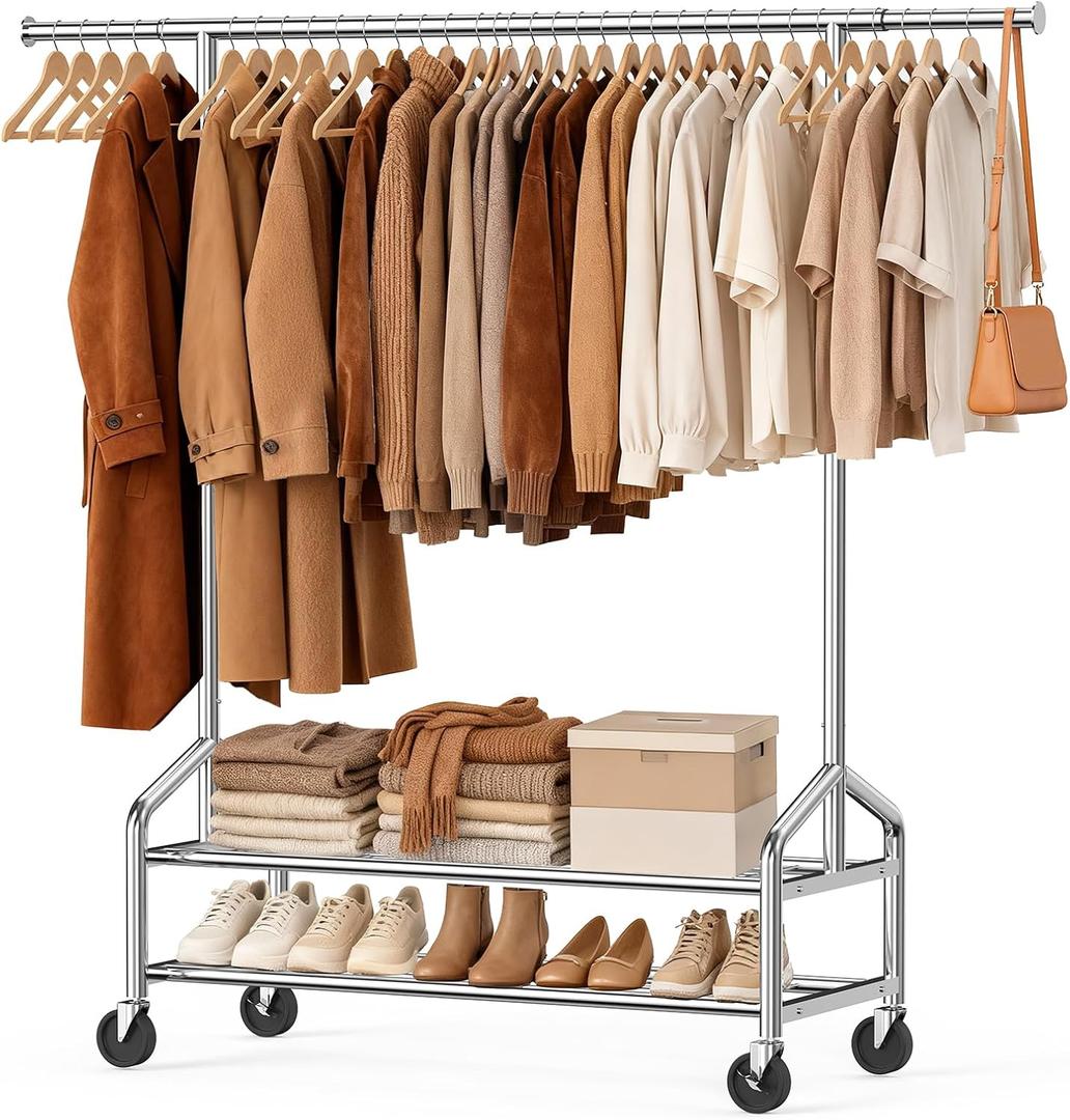 Heavy Duty Clothes Rack, Rolling Clothing Rack for Hanging Clothes Load 650 LBS with 2 Sturdy Shelves, Metal Garment Rack with Wheels for Bedroom, Laundry Room, Retail Store, Silver