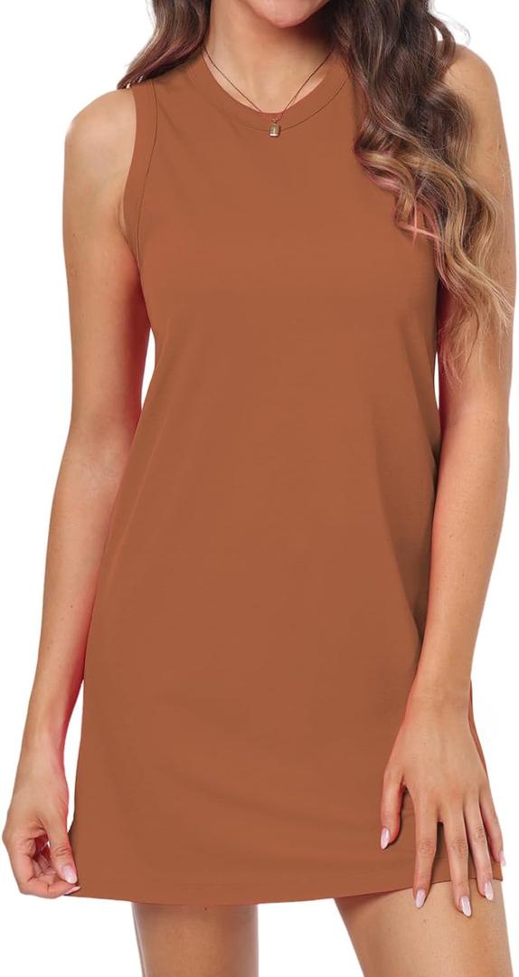 Hiverlay Women Tank Dress UPF 50+ Sleeveless Lightweight Casual Summer Dress (Brown, M)