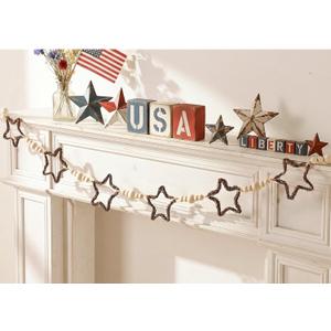 4th of July Garland Decorations, Farmhouse Patriotic Banner with Rattan Stars and Wooden Beads, Rustic Fourth of July Decorations Indoor for Mantel Fireplace, 250th Anniversary Independence Day Decor