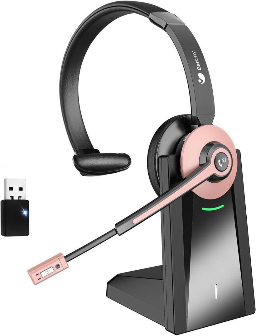 Earbay Wireless Headset with Microphone, Single-Ear Bluetooth Headset with Microphone Noise Cancelling & Mute Function, Wireless Headphones with Charging Base & USB Dongle for Work