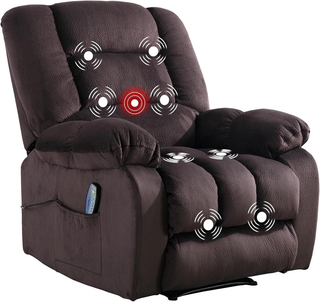 Phoenix Home Manual Recliner Chair with Massage & Heating, Overstuffed Breathable Fabric Reclining Sofa with Side Pockets for Living Room, Choco