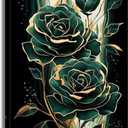 Emerald Green Flower Wall Art Gold Emerald Rose Wall Decor Modern Floral Canvas Print Painting Picture Artwork for Bedroom Bathroom Home Decor,Framed (18L" x 12W")