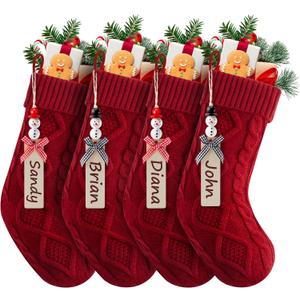 Minetom Christmas Stockings, Personalized Christmas Hanging Stockings with Name Tags, 18 Inches Large Size Knitted Stockings for Mantels Christmas Tree Family Holiday Decor, 4 Pack, Red