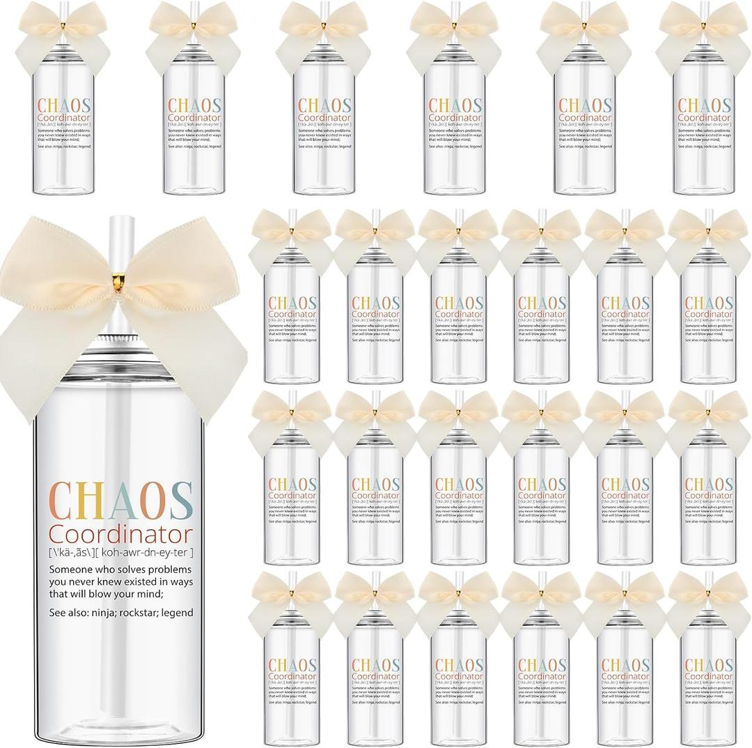 Skylety 24 Pcs Valentine Employee Appreciation Gifts Bulk Valentine Chaos Coordinator Appreciation Gifts Cups with Straw Lid Bow for Coworker Staff Women Team 13.5 oz Plastic Thank You Tumbler