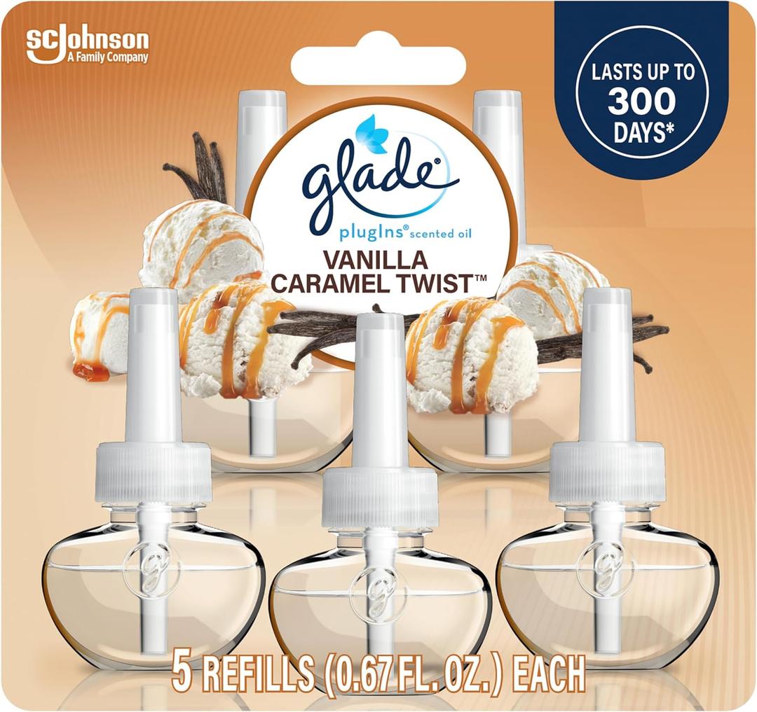 Glade PlugIns Refills Air Freshener, Scented and Essential Oils for Home and Bathroom, Vanilla Caramel Twist, 3.35 Fl Oz, 5 Count Glade PlugIns Refills Air Freshener, Scented and Essential Oils for Home and Bathroom, Vanilla Caramel Twist, 3.35 Fl Oz, 5 Count