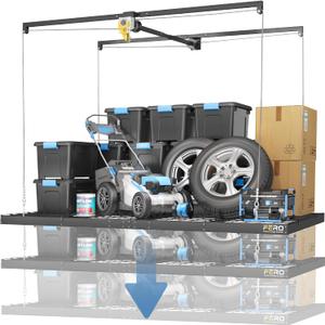 Overhead Garage Storage Rack  4x8 FT Garage Ceiling Storage Racks with Safety Lock, Heavy-Duty Ceiling Mounted Lift System and Storage Organizer, Ideal for Maximizing Overhead Space, 325 lbs Capacity (black)