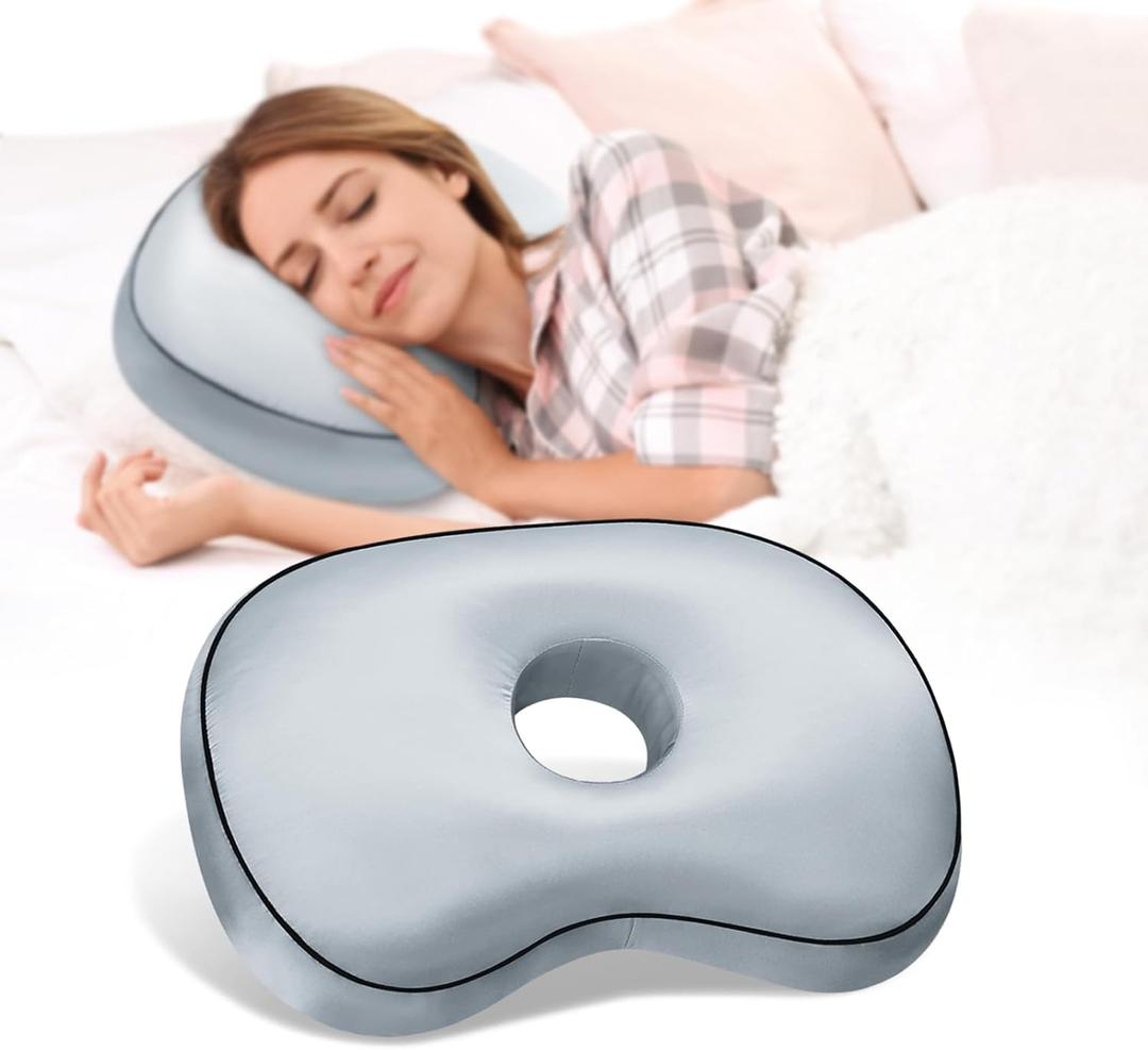 Ear Hole Piercing Pillow for Side Sleepers for CNH and Ear Pain Inflammation Pressure Sores, Cotton and Polyester Adjustable Filling Washable and Adjustable Ear Guard Pillow (Light Blue Silk, 19"x14"x4.3")