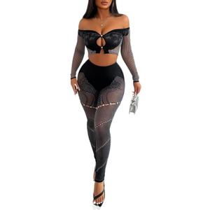 Sexy Solid Color Strapless Long Sleeved Pants, Hollowed Out Slim Fit Two-Piece Knitted Jumpsuits L