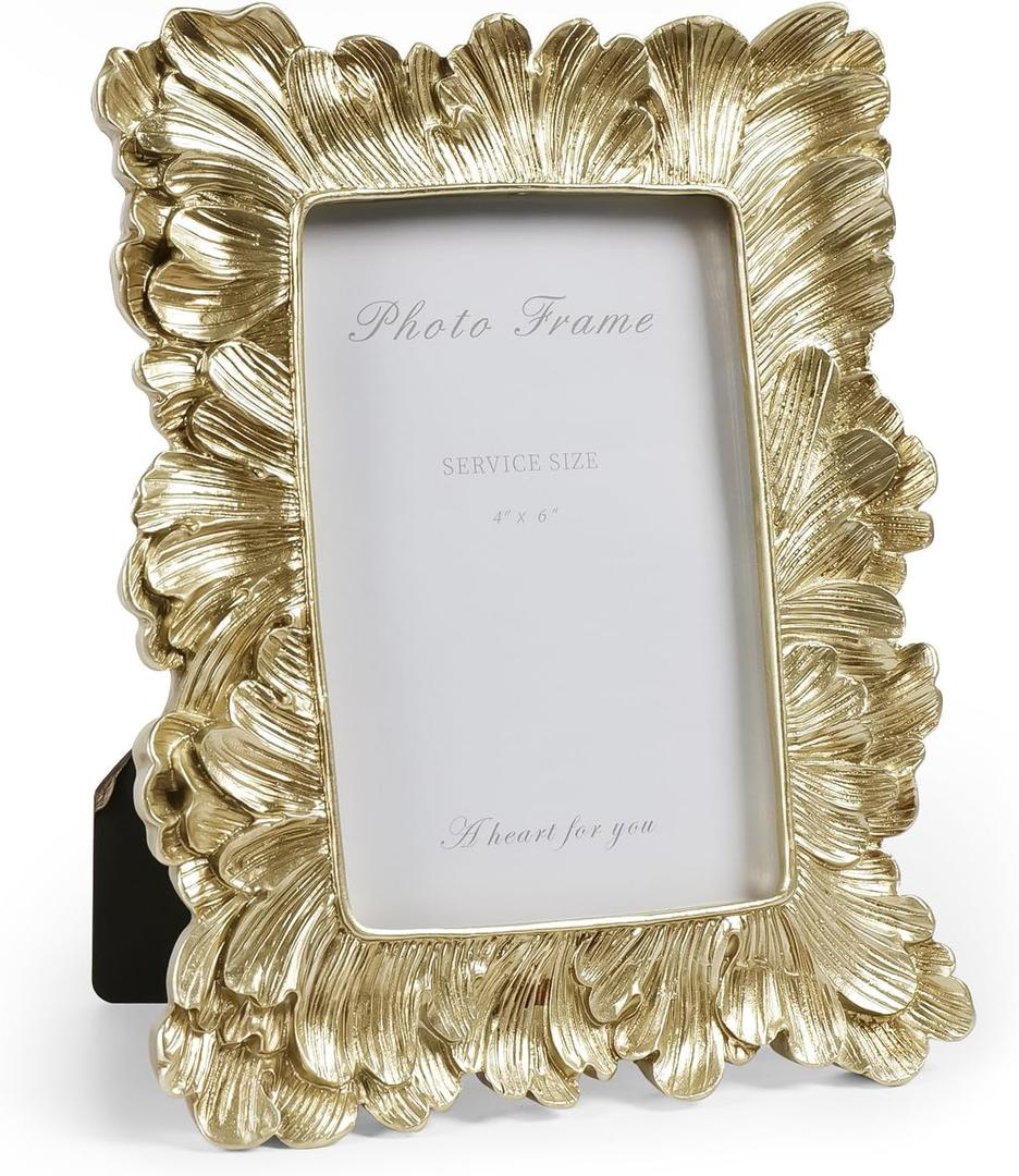 Cuspin Vintage 4x6 Picture Frame, Gold Frames Palm Leaves Textured Hand-Crafted Resin with Glass Front, Elegant Retro Photo Frame for Wall Hanging and Tabletop Display Home Decor (Feather Petal Gold)