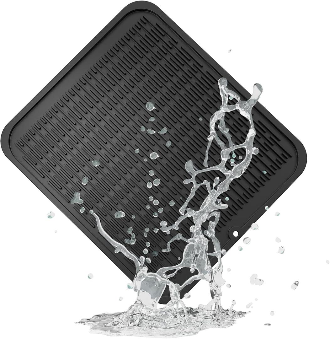 ZLR Large Silicone Dish Drying Mat (16" x 18") - XL Heavy Duty Drainboard Mat for Pots, Pans & Family Loads - Heat Resistant Trivet & Counter Protector, Easy Clean (Black)