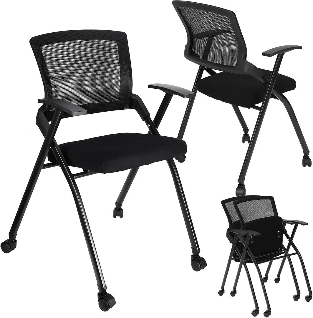 AceOrbit 2 Pcs Foldable Office Chair with PU Wheels Lumbar Support, Armrest, Thick Breathable Mesh Seat Chair for Office Meeting, Conference, Training Room, Black, 18.5 in x 18.5 in x 35.43 in